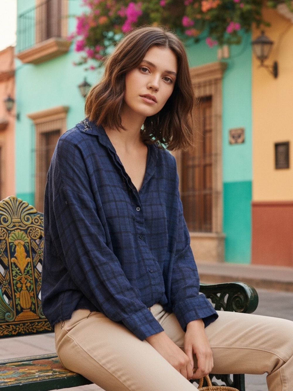 Zara Basic blue plaid embellished collar top s